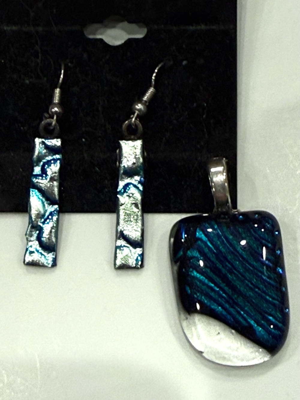 Artisan Fused Glass Pendant Earrings Set Cobalt Teal Silver Dichroic Handmade